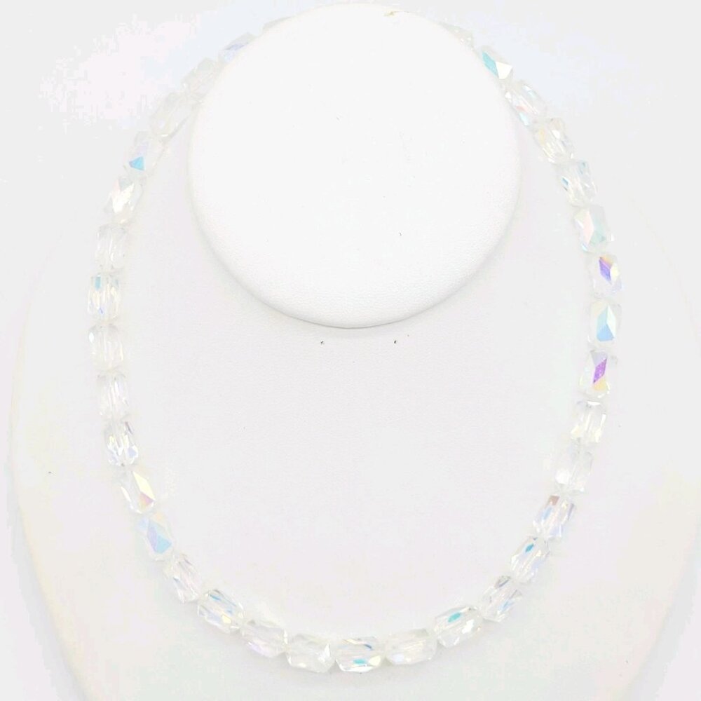 Crystal Collar Necklace Clear Aurora Borealis 17" Faceted Barrel Beads Sparkly
